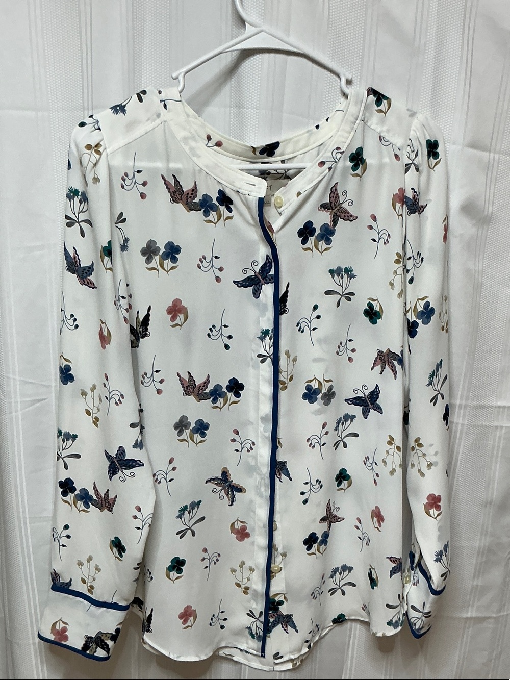 LOFT Cream Floral & Butterfly Button-Front Blouse with Navy Trim